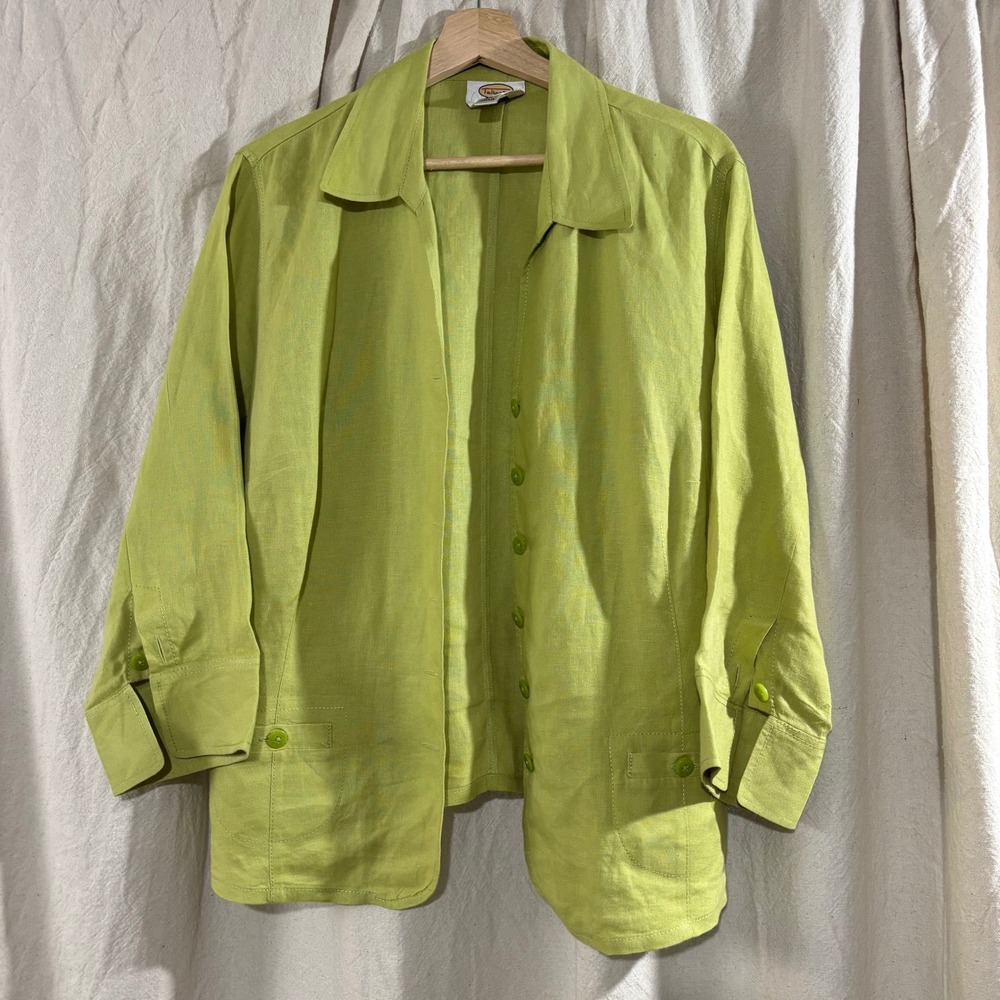 Vintage Talbots Irish Linen Button Down‎ Shirt Lime Green Womens 16W Pocket Top